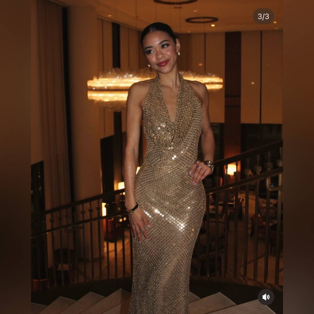 Zara Elegant Gold Sequin Gown halter plunge neck maxi bodycon evening dress - Picture 2 of 10